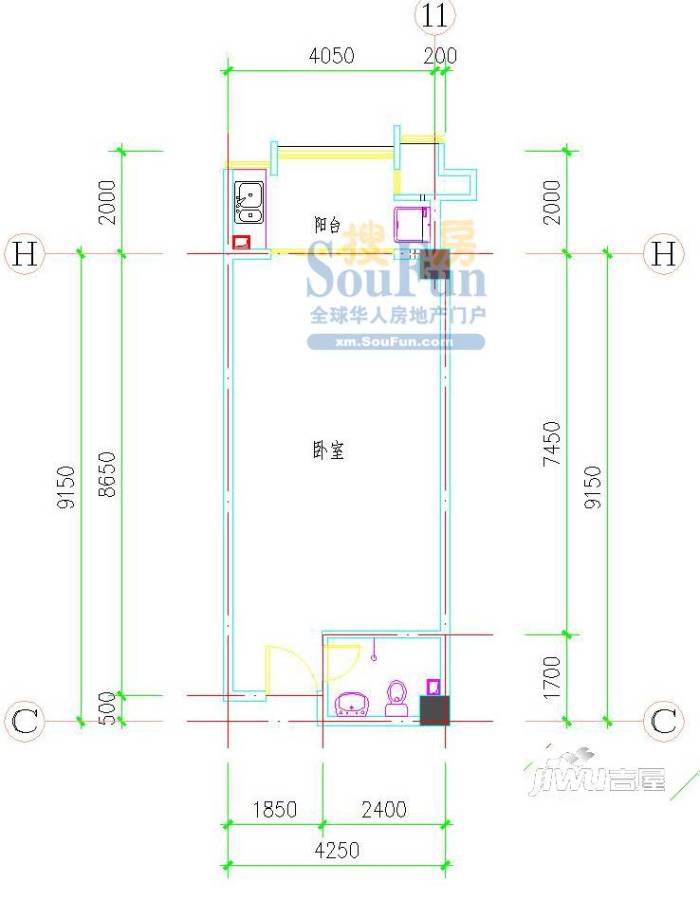 湖里大唐世家2室1厅1卫68.1㎡户型图