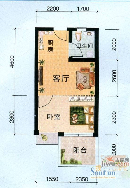 凯昇银滩假日公寓2室1厅1卫86.2㎡户型图