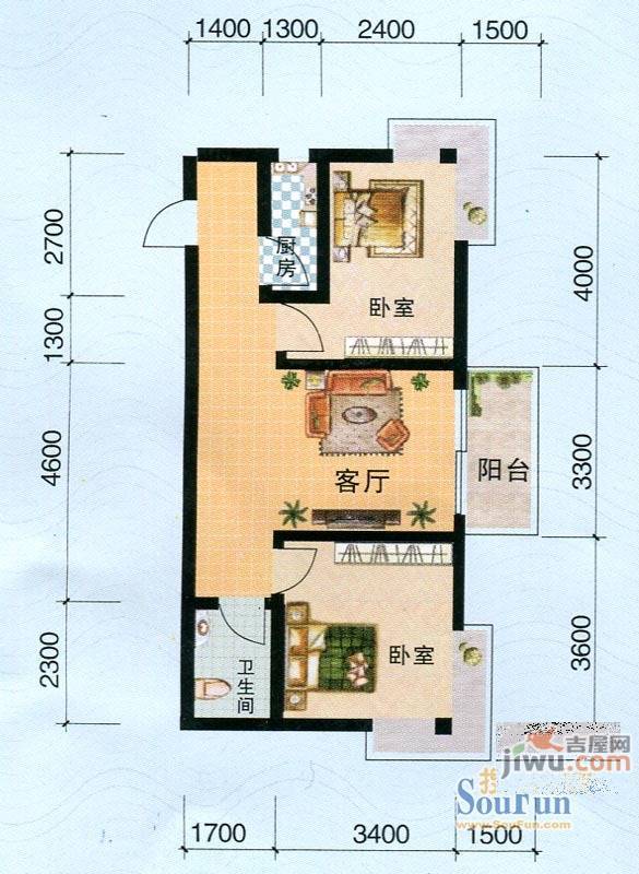 凯昇银滩假日公寓2室1厅1卫86.2㎡户型图