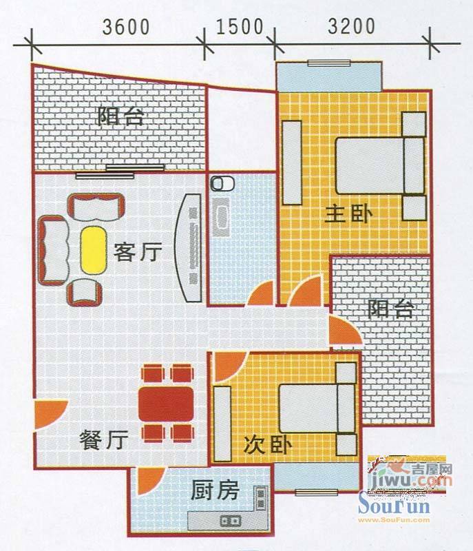 长和大厦2室2厅1卫89.3㎡户型图