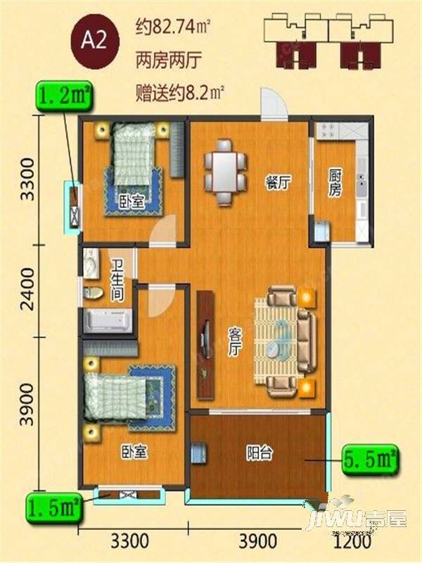 桐洋新城2室2厅1卫82.7㎡户型图