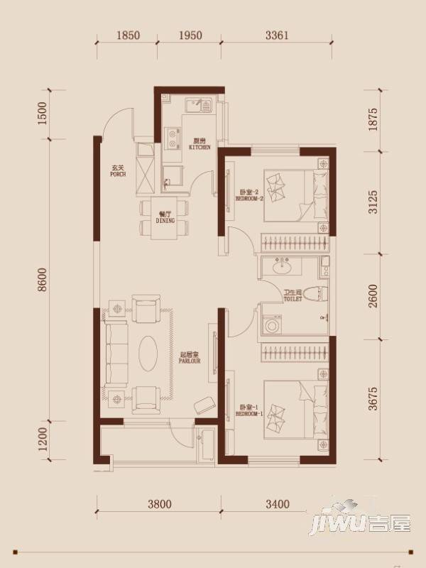 万科金域国际2室2厅1卫85㎡户型图