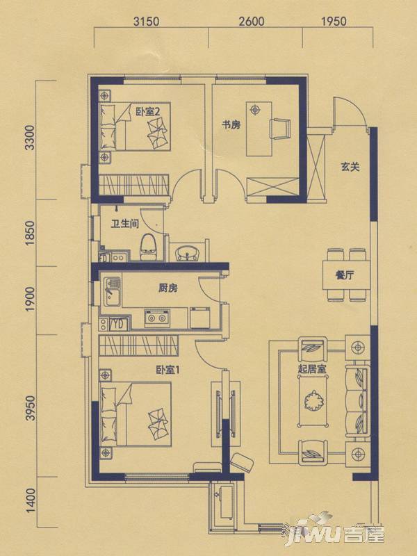 万科城悦澜湾3室2厅1卫120㎡户型图