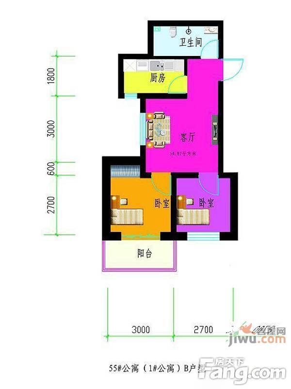 龙潭湖凤凰山庄公寓2室2厅1卫71.6㎡户型图