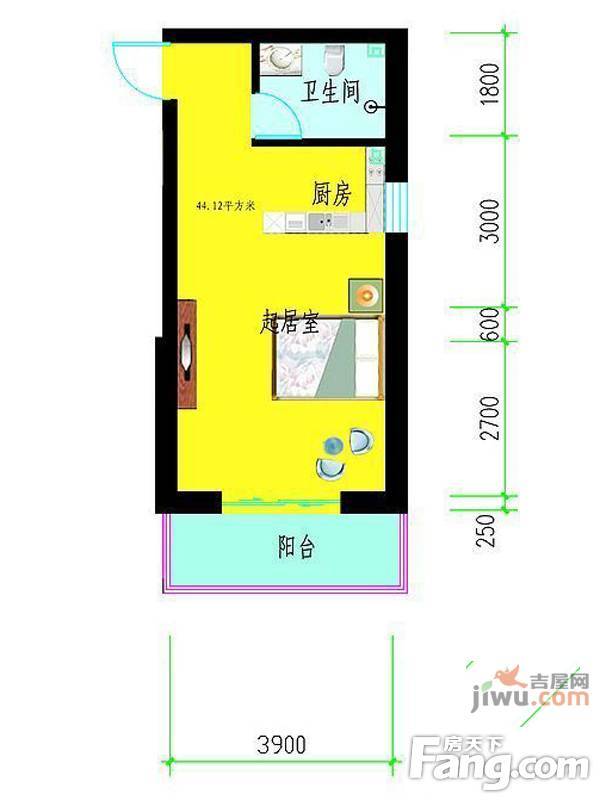 龙潭湖凤凰山庄公寓1室1厅1卫43.8㎡户型图