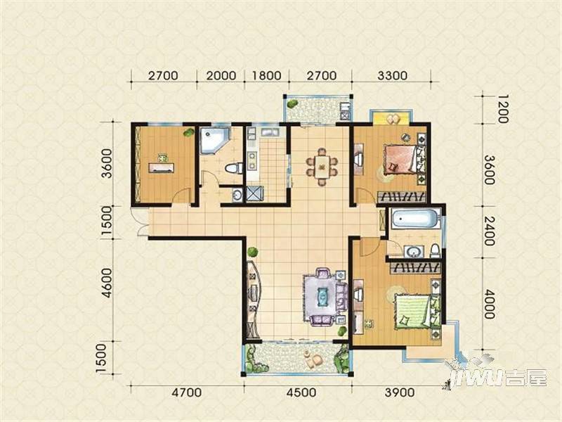 滨江城市花园3室2厅2卫132.3㎡户型图