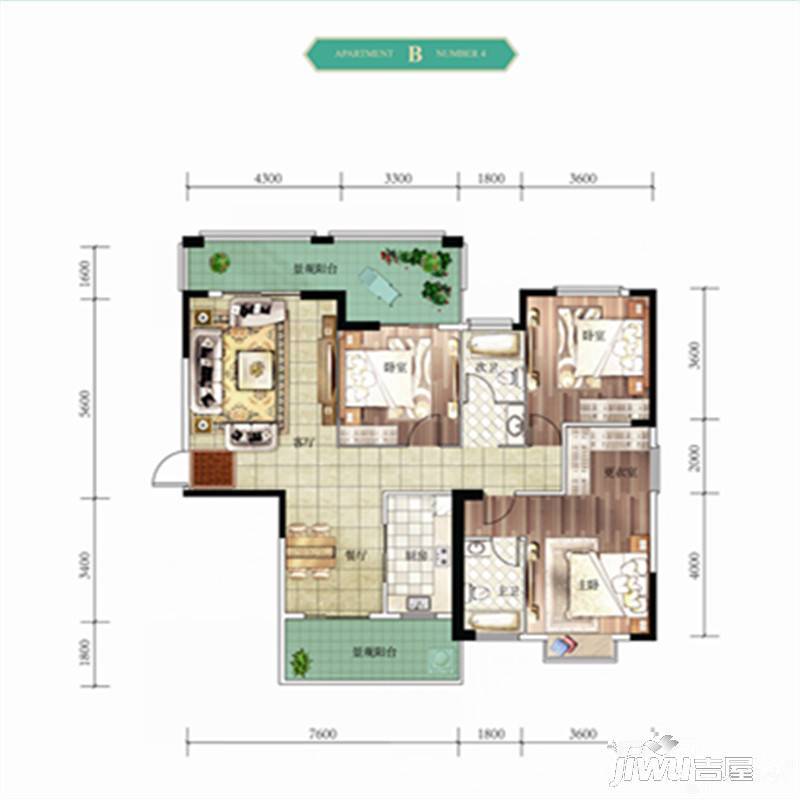 玉锦花苑3室2厅2卫122.1㎡户型图