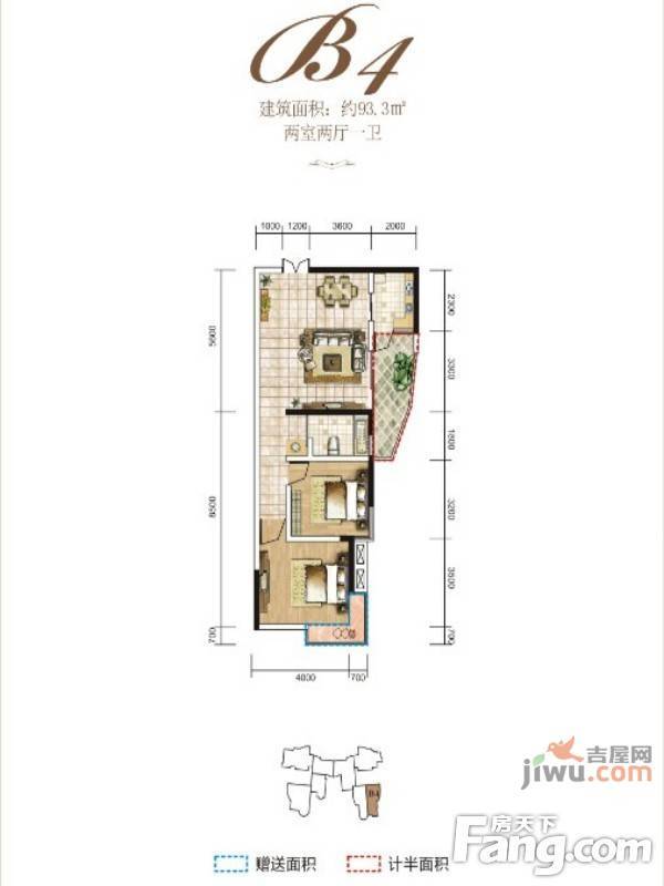 银丰润园2室2厅1卫88.1㎡户型图