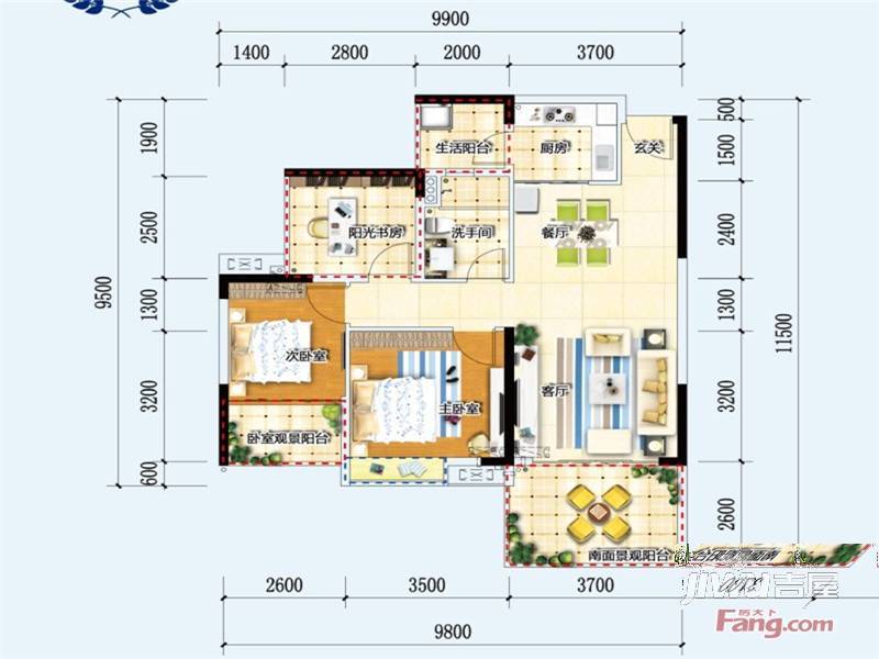 珠江愉景新城3室2厅2卫88㎡户型图