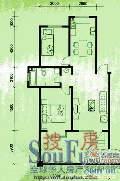 上院2室2厅1卫89.9㎡户型图