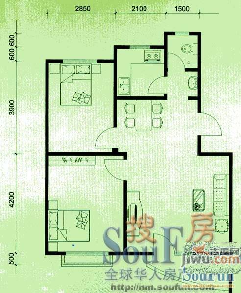 上院2室2厅1卫89.9㎡户型图