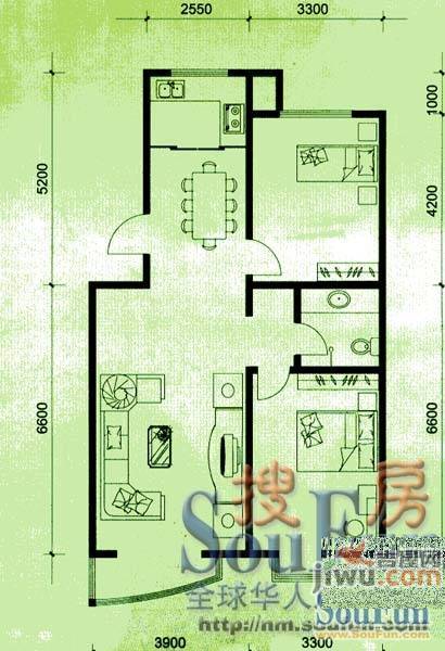 上院2室2厅1卫89.9㎡户型图