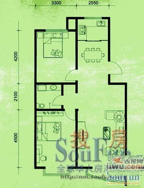 上院2室2厅1卫89.9㎡户型图