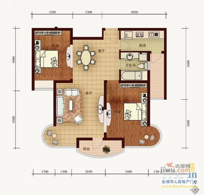 亚辰景院2室2厅1卫96㎡户型图