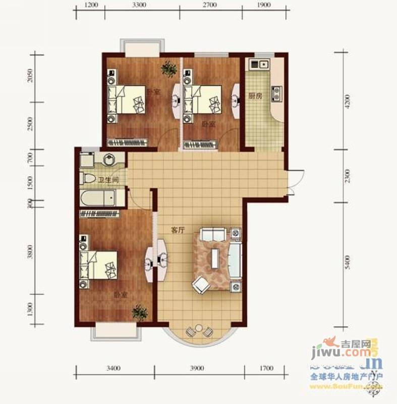 亚辰景院2室2厅1卫96㎡户型图