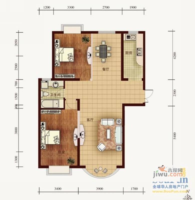 亚辰景院2室2厅1卫96㎡户型图