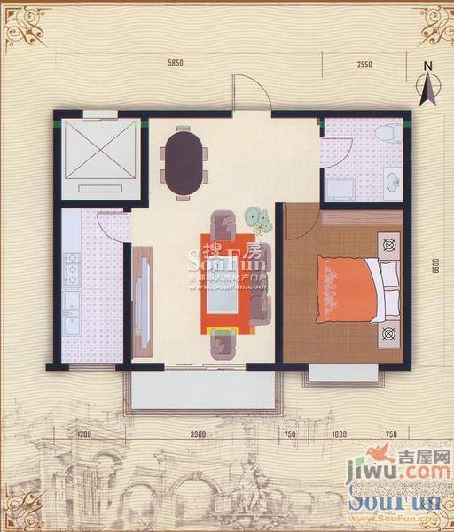 公园世家1室1厅1卫71.3㎡户型图