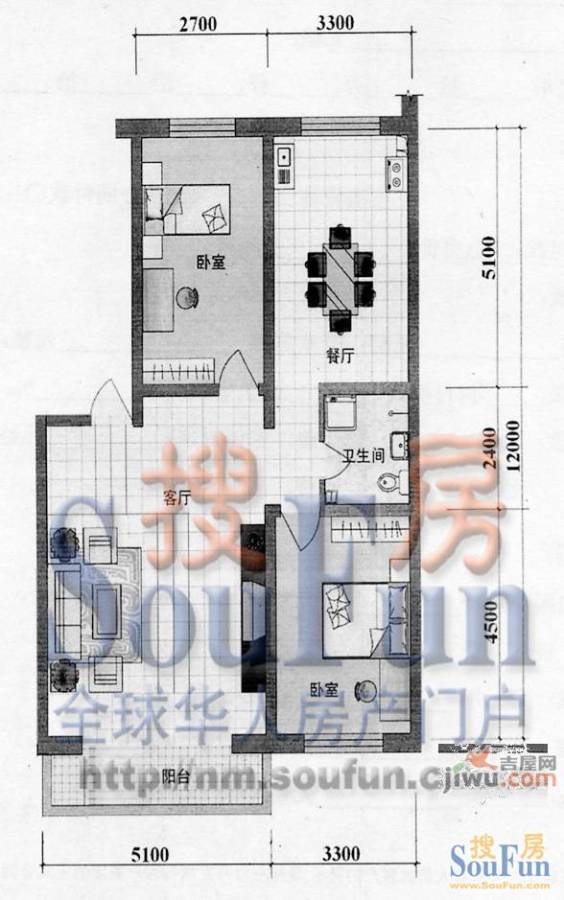 水岸康居2室2厅1卫98.7㎡户型图