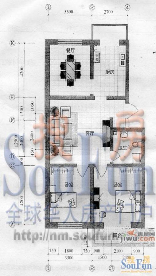 水岸康居2室2厅1卫98.7㎡户型图