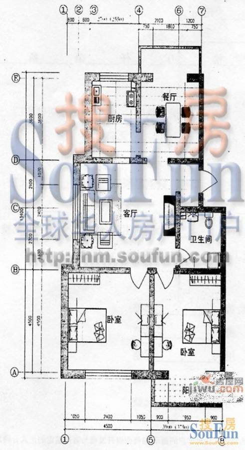 水岸康居2室2厅1卫98.7㎡户型图