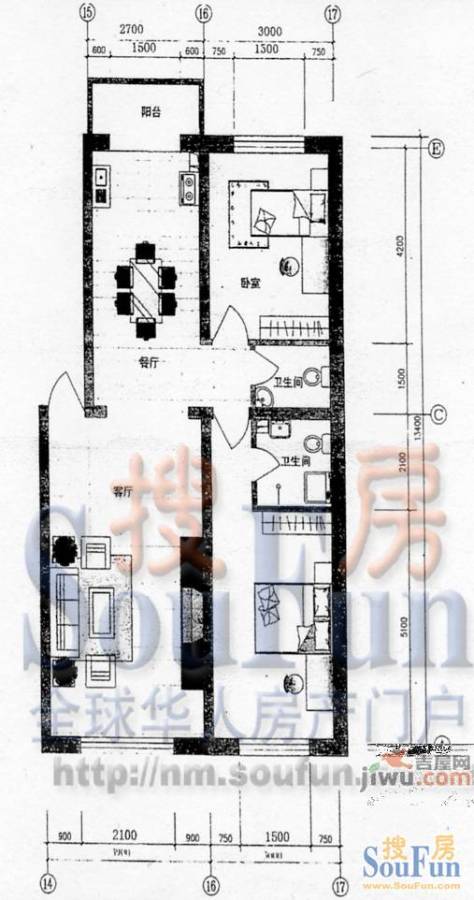 水岸康居2室2厅1卫98.7㎡户型图