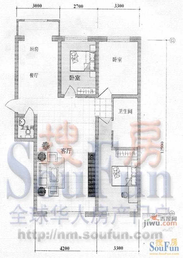 水岸康居2室2厅1卫98.7㎡户型图