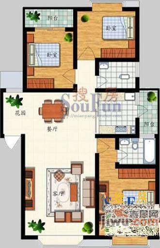 东圣清华园3室2厅2卫129.1㎡户型图