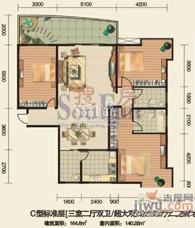 安江名园3室2厅2卫164.8㎡户型图