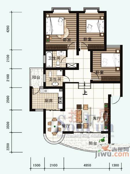 上河美地3室2厅2卫125㎡户型图