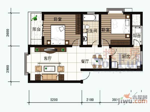 上河美地2室2厅1卫95㎡户型图