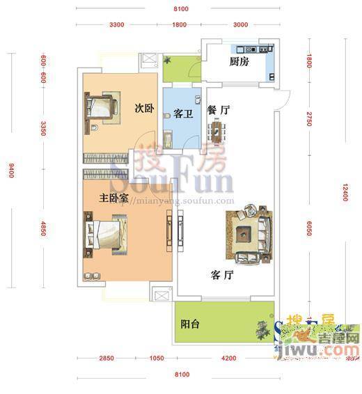 耀森花园三期2室2厅1卫89㎡户型图