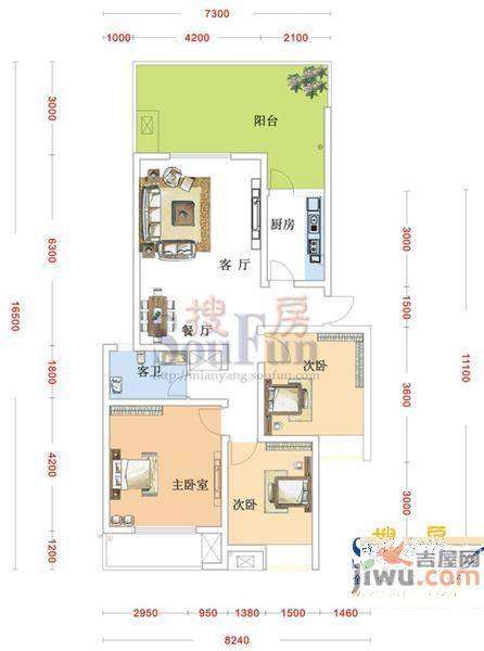 耀森花园三期3室2厅1卫106㎡户型图