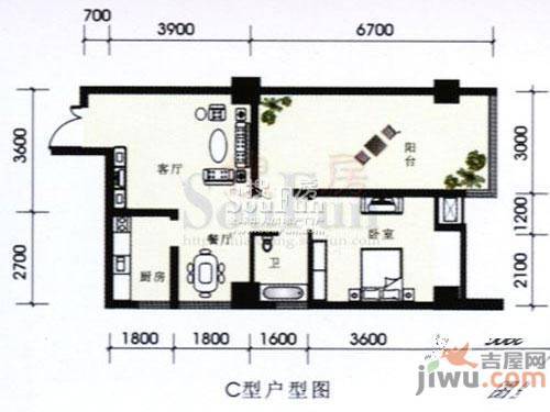 福星都市时尚1室2厅1卫66㎡户型图