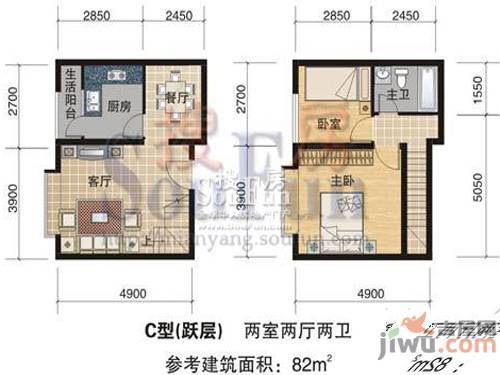 阳光曼哈顿2室2厅2卫87.6㎡户型图