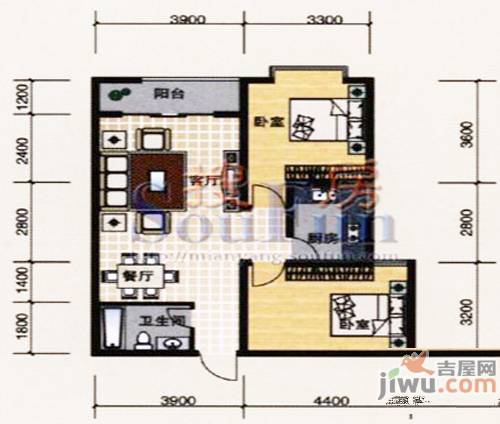 阳光曼哈顿2室2厅2卫87.6㎡户型图