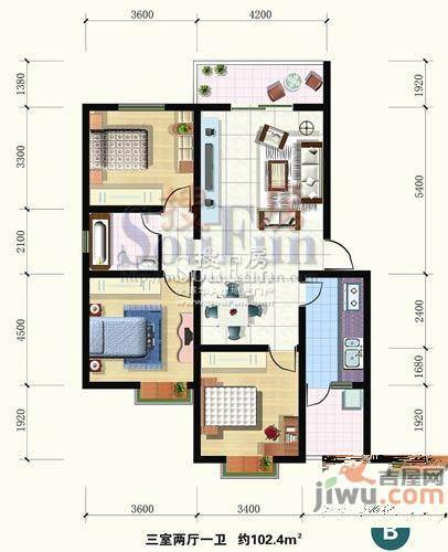 凤栖金桂苑3室2厅1卫102.4㎡户型图