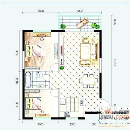 梓江新城2室2厅1卫90.3㎡户型图