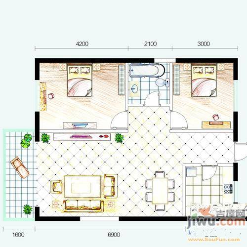 梓江新城2室2厅1卫90.3㎡户型图