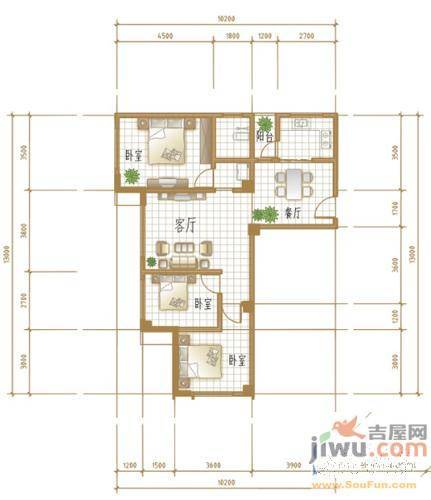 天悦国际公寓2室2厅1卫71.7㎡户型图