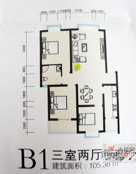 新航皂角新城3室2厅1卫105.4㎡户型图