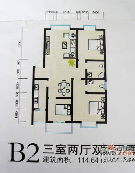 新航皂角新城3室2厅1卫105.4㎡户型图