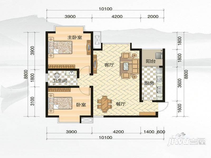 富绅世纪山江2室2厅1卫88.2㎡户型图