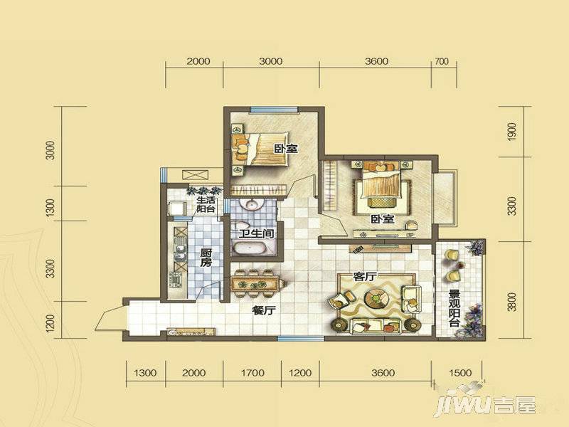 汇川喜来公社2室2厅1卫81.7㎡户型图