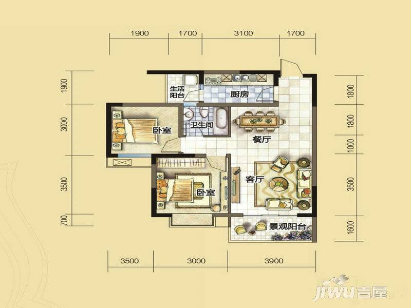 汇川喜来公社2室2厅1卫77.1㎡户型图