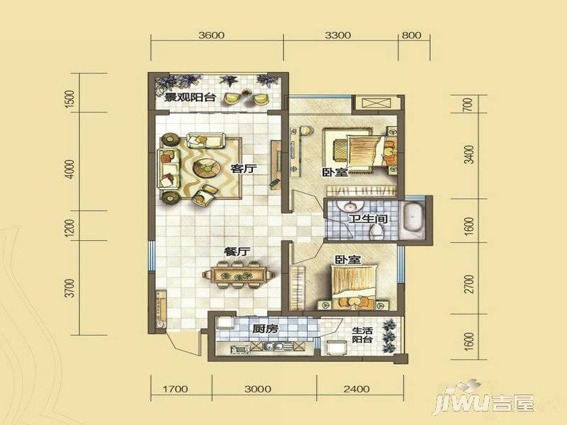 汇川喜来公社2室2厅1卫77.8㎡户型图