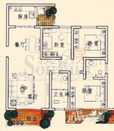 同立紫郡玫瑰园3室2厅1卫85㎡户型图