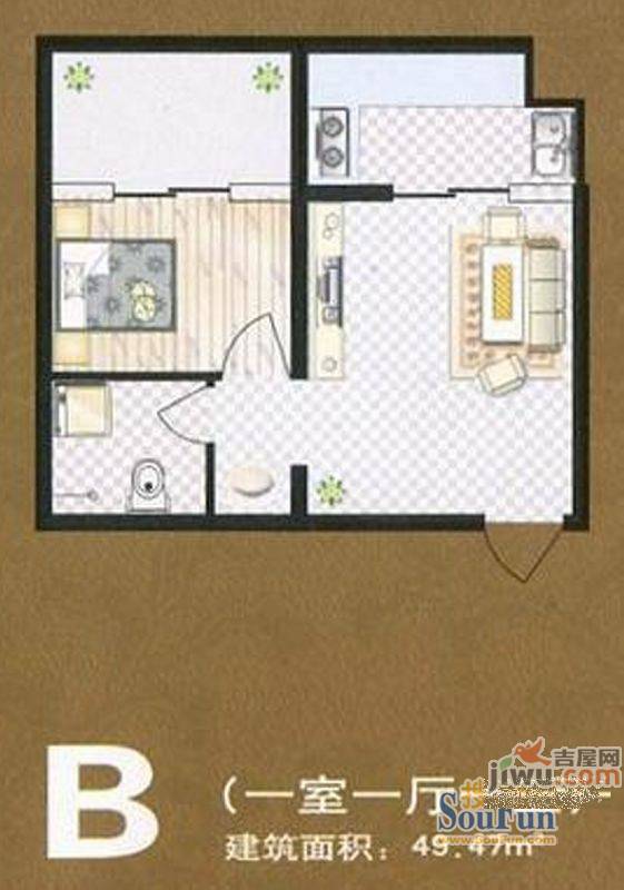 隆安上阳华府1室1厅1卫49.5㎡户型图