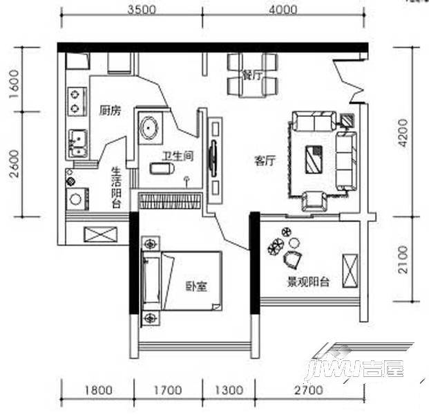 鸿都公寓3室2厅1卫124㎡户型图