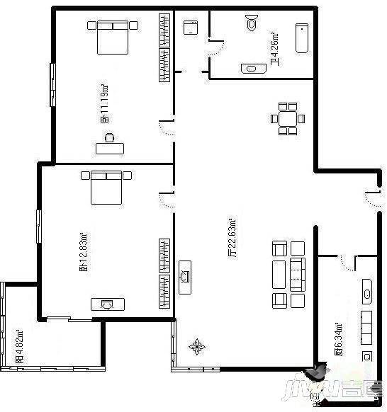 洛冷西院2室2厅1卫87㎡户型图