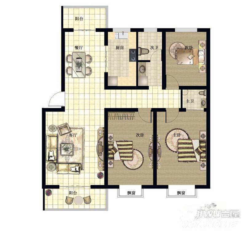 玉恒国际2室2厅2卫95.5㎡户型图